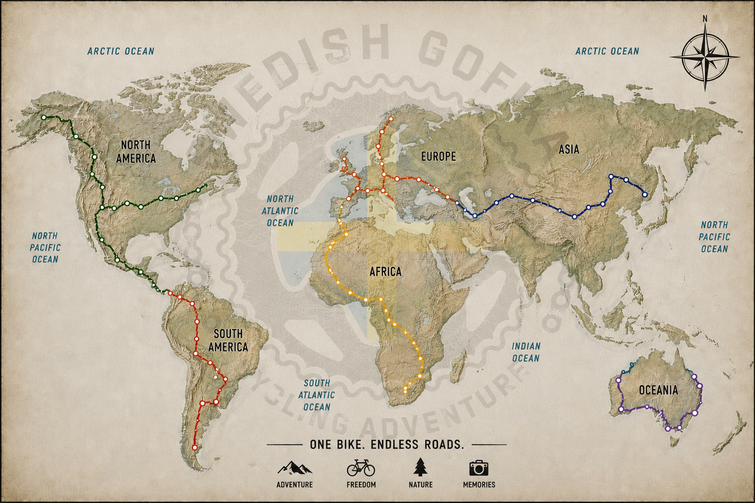 World map with cycling routes